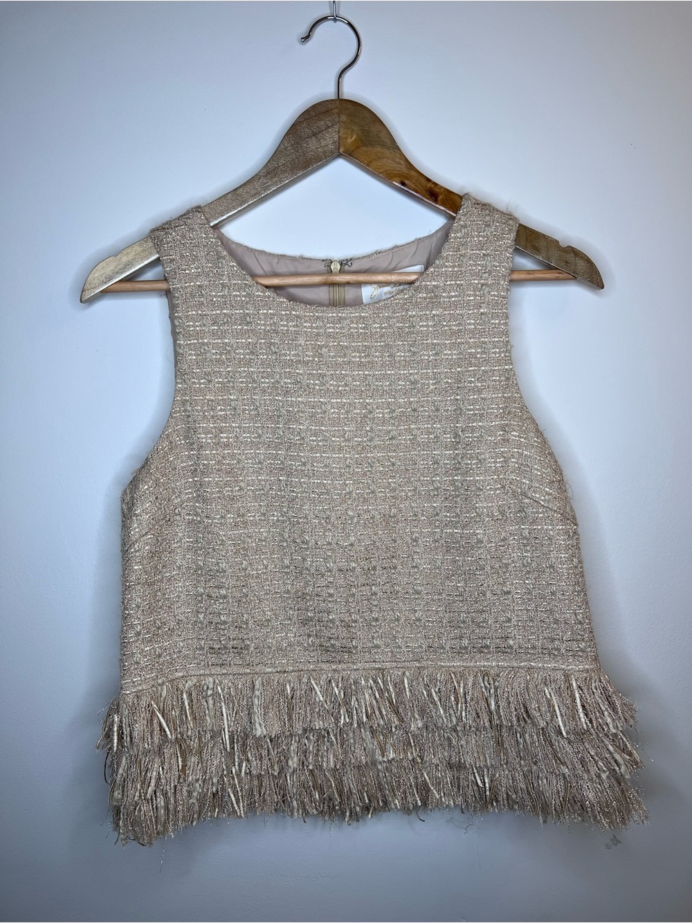 JB by Julie Brown Neutral Metallic Tweed Fringe Tank Top